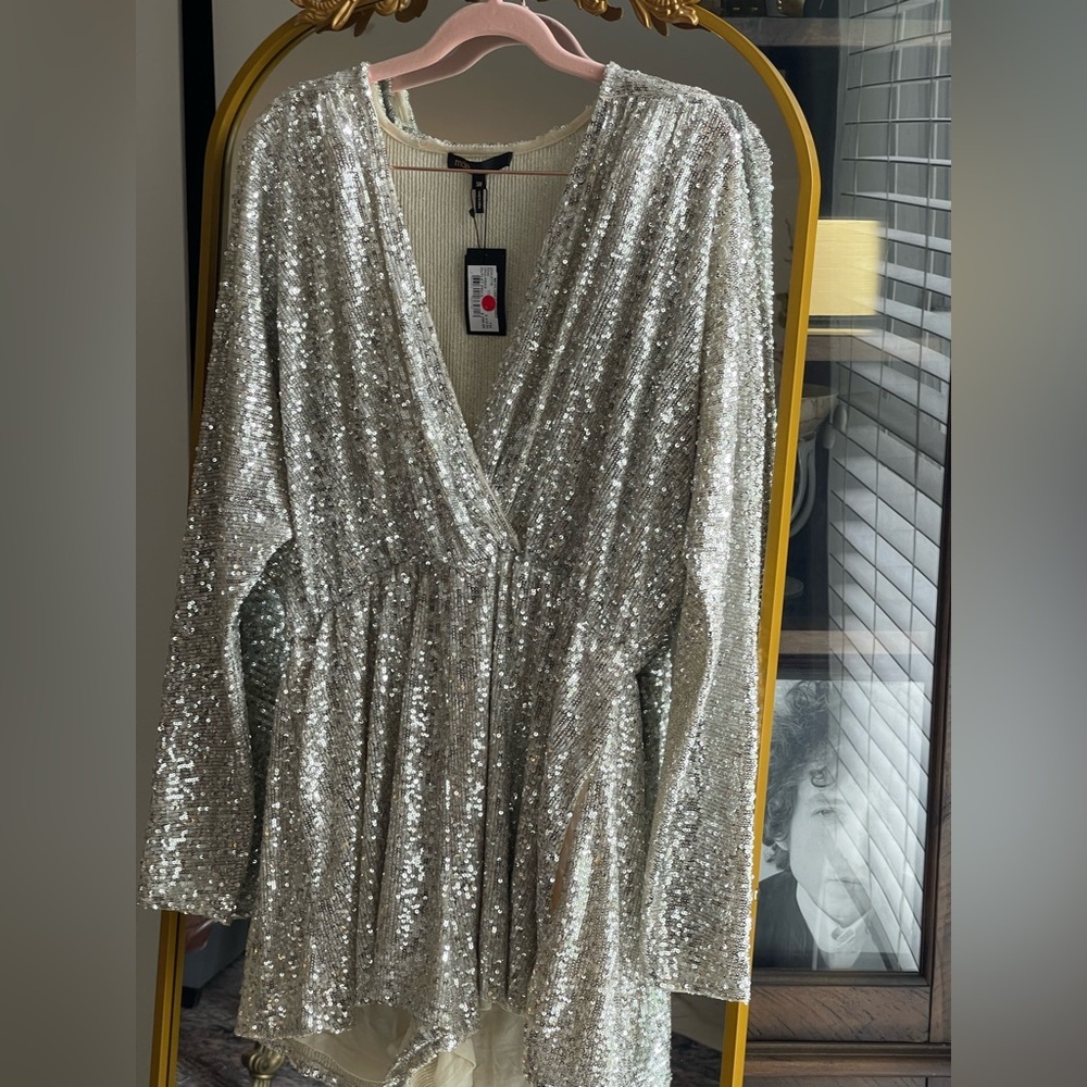 Maje NWT Silver Sequin Long Sleeve Romper - Picture 8 of 16